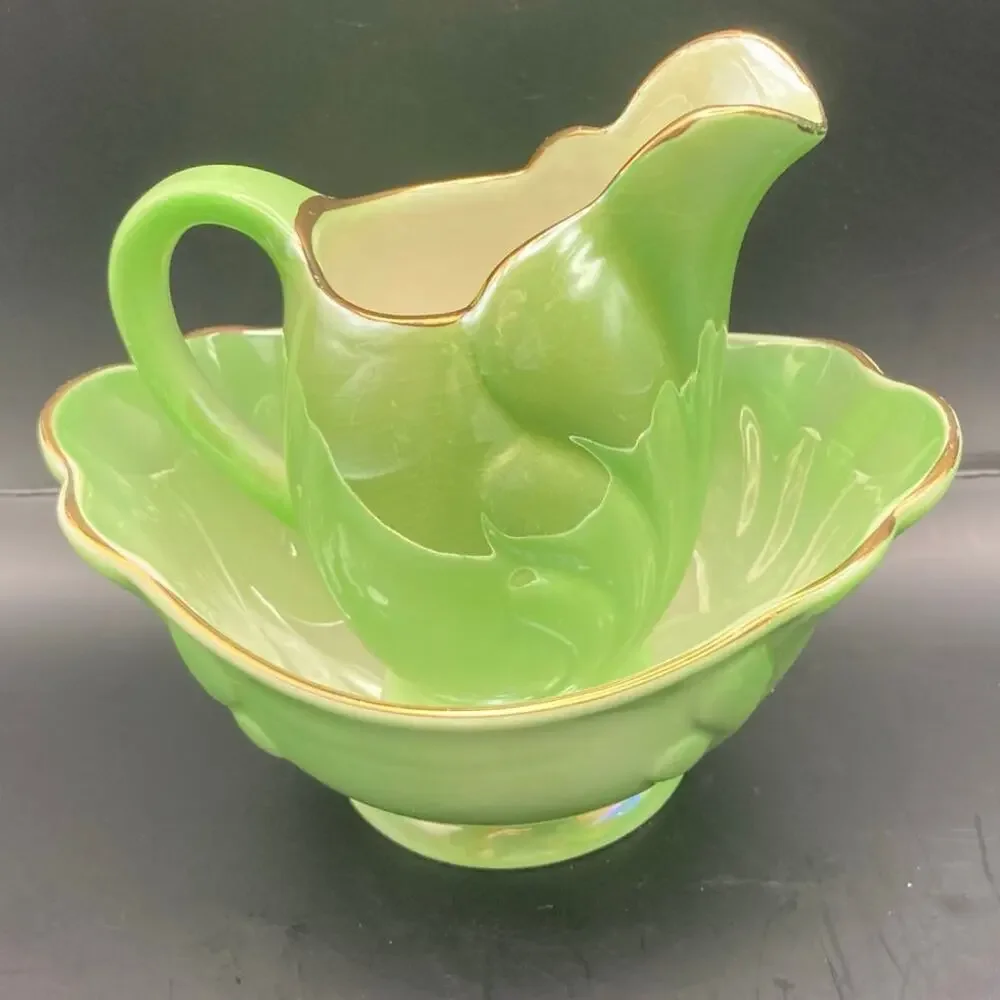 Vintage Maling Pottery Cream Jug & Sugar Bowl Set Green Lusterware Pearlescent